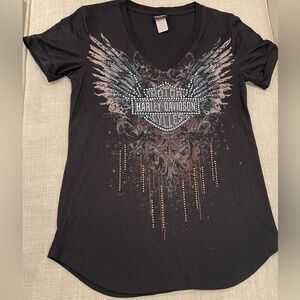Harley-Davidson women's S V-neck t-shirt, angel wings design Bling Dark Angel